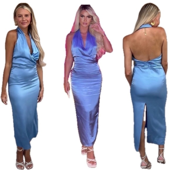 Zara Dresses & Skirts - Zara blue satin effect halter top ruched open back midi slip dress NWT